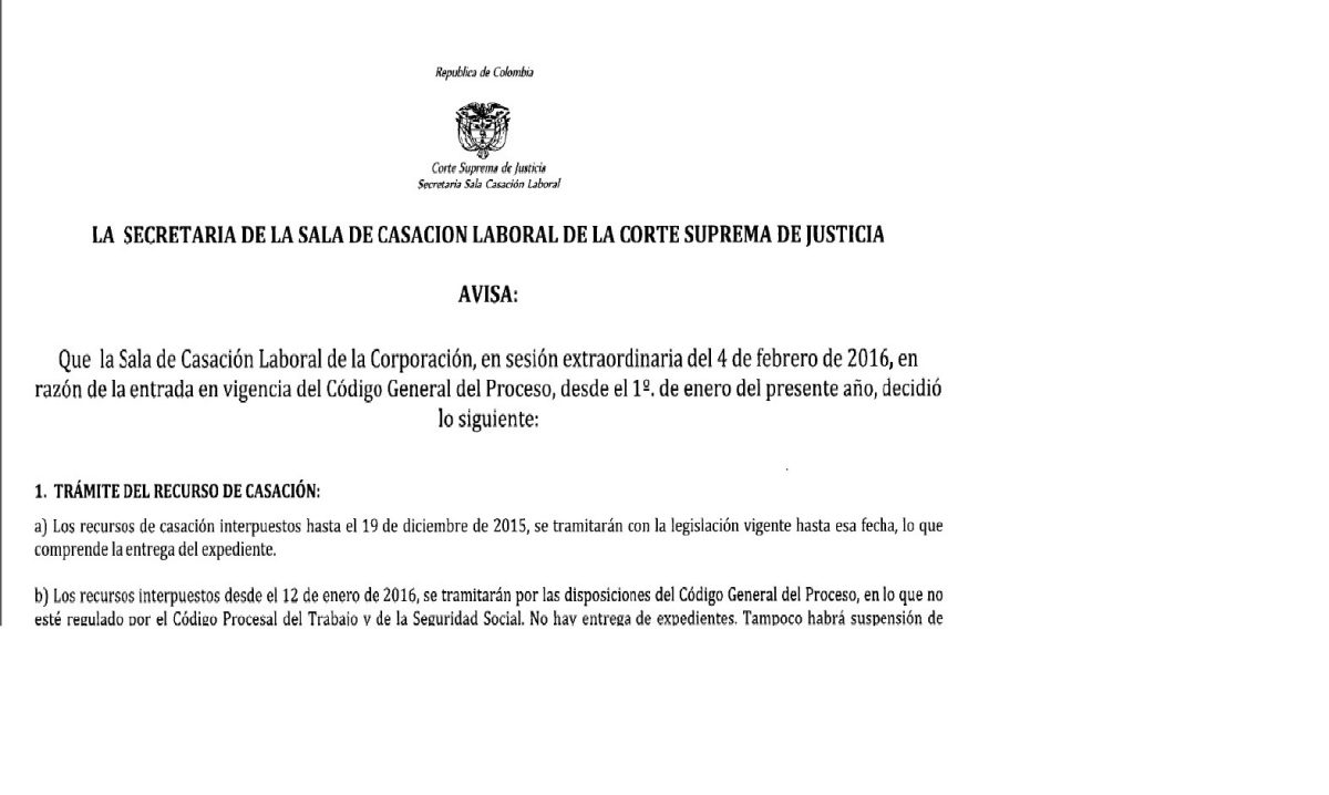 Nuevas disposiciones para trámites en la Sala de Casación Laboral por entrada en vigencia del Código General del Proceso